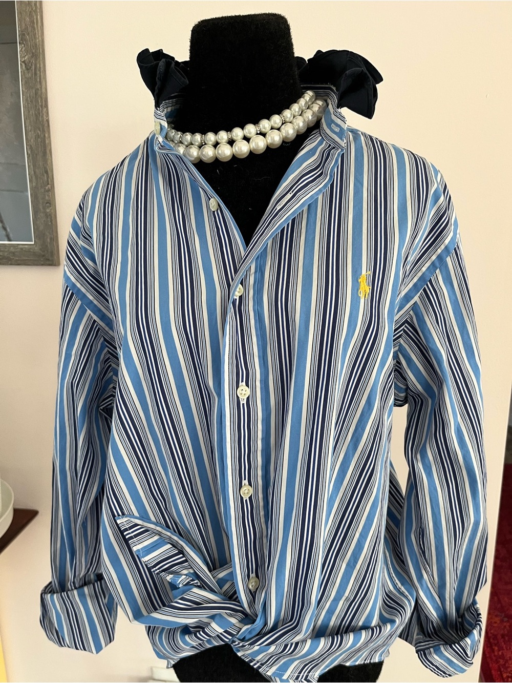 Refashioned Polo by Ralph Lauren Light and Navy Blue Strip w/Navy Ruffle Collar